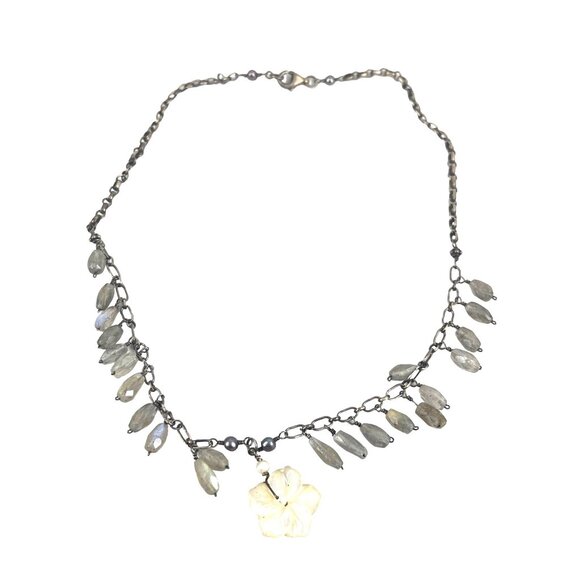 Vintage Labradorite & Mother of Pearl Flower Pendant Necklace 16" Sterling Silve - Picture 5 of 9